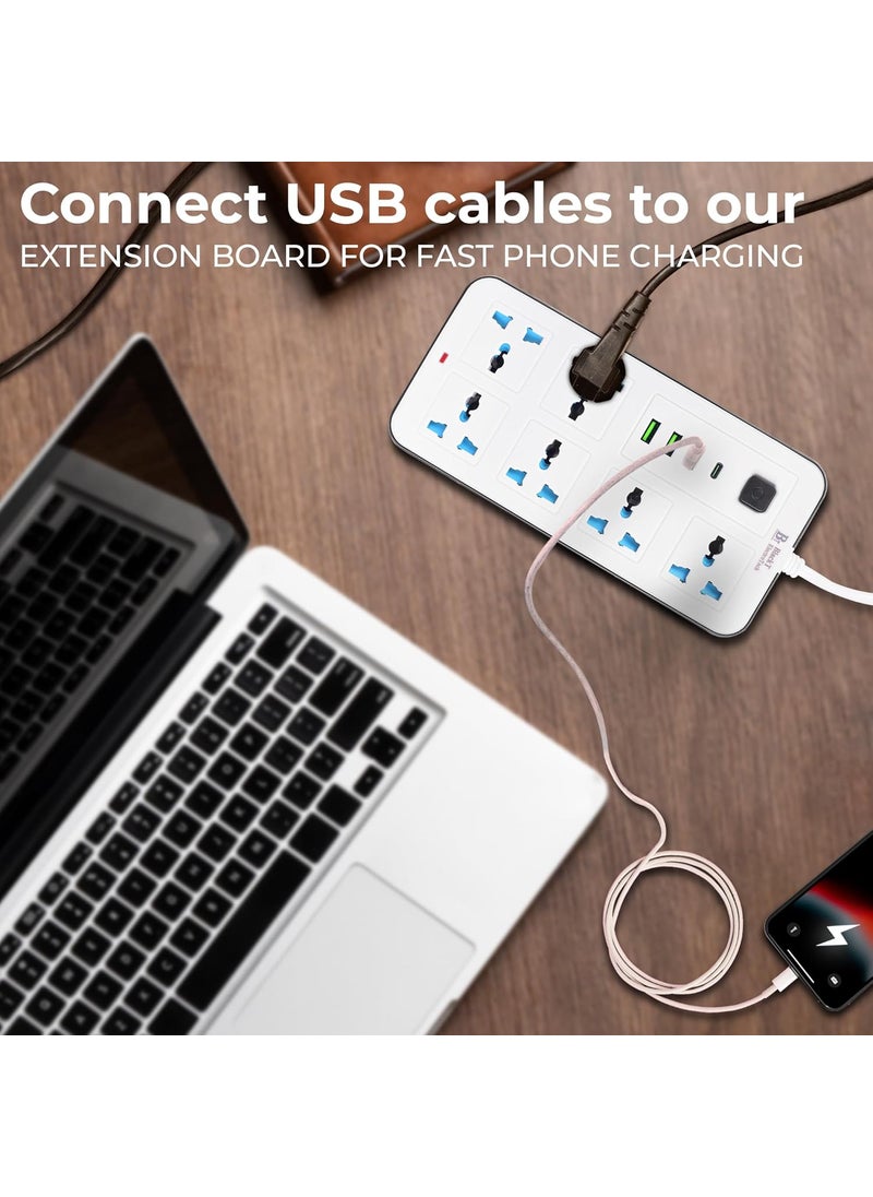 BlackT ElectroTech Blackt Electrotech BTSP2 Power Strip with PDType C 2500W 10A Extension Cord USB Charging Ports Universal Socket 3Pin Surge Protection White with 6 Socket  - Image 4