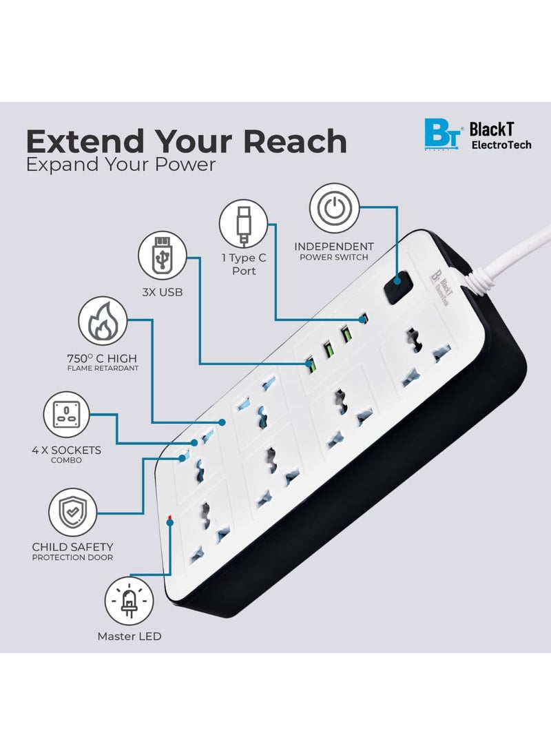 BlackT ElectroTech Blackt Electrotech BTSP2 Power Strip with PDType C 2500W 10A Extension Cord USB Charging Ports Universal Socket 3Pin Surge Protection White with 6 Socket  - Image 2