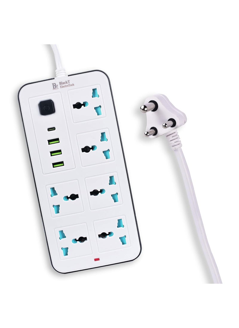 BlackT ElectroTech Blackt Electrotech BTSP2 Power Strip with PDType C 2500W 10A Extension Cord USB Charging Ports Universal Socket 3Pin Surge Protection White with 6 Socket  - Image 1