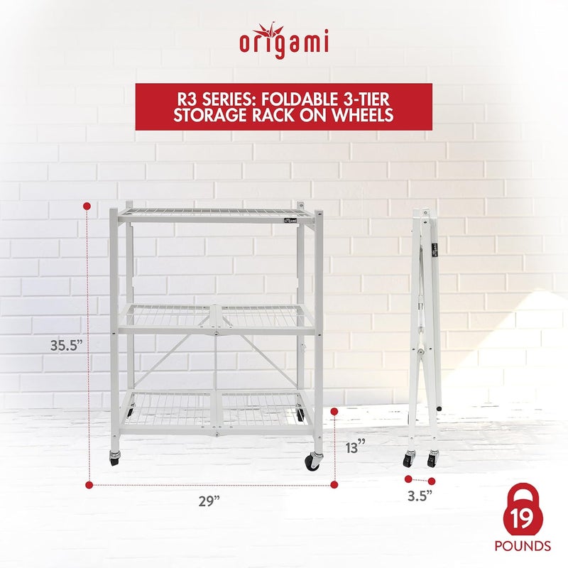 Origami R3 3-Tier Foldable Garage Shelving Heavy Duty Shelving Holds 750 pounds, Garage Storage Rack, Pre-Assembled Utility Rolling Shelf with Wheels | 29" W x 13" D x 35.5" H (White, R3) - Image 2