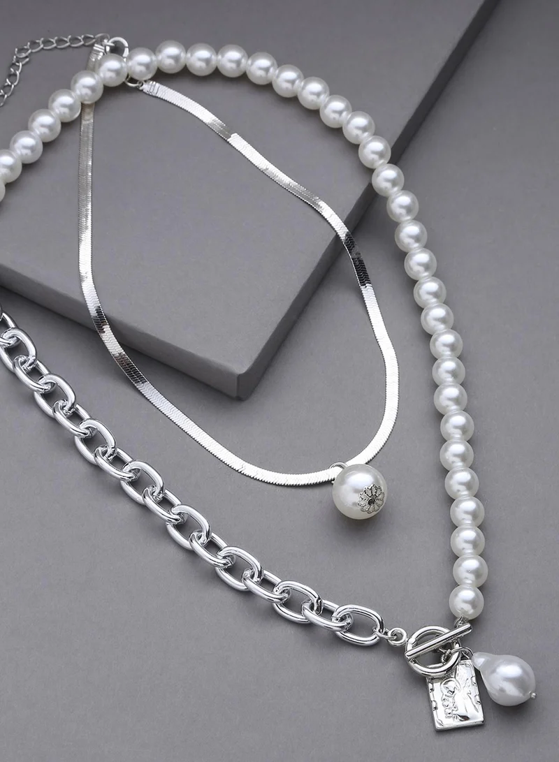 Sohi  White Layered Artificial Chain Necklace Jewellery for Women | Best Price UAE