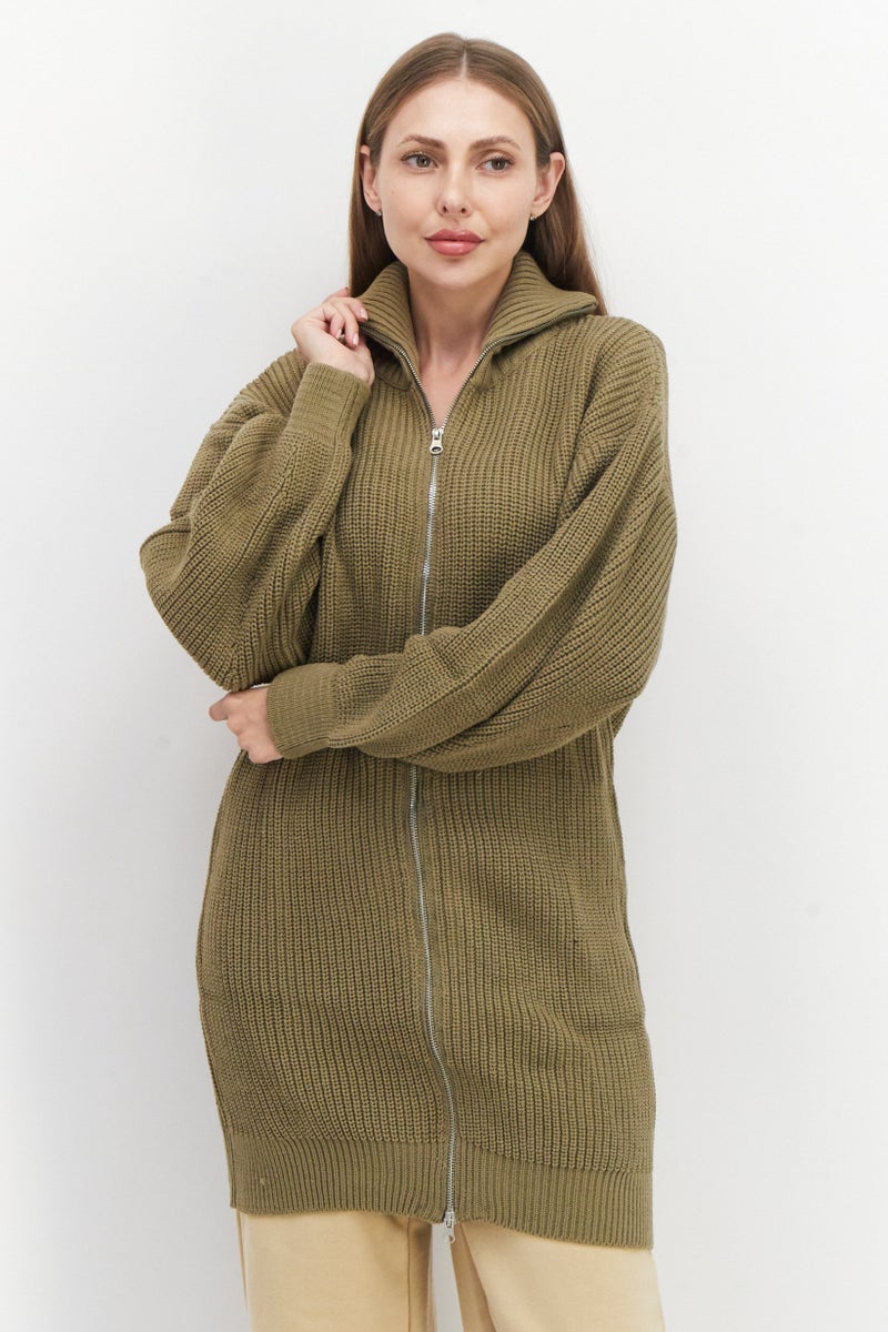 NA-KD سويت شيرت نسائي محبوك بأكمام طويلة بسحاب كامل، كاكي - Image 1