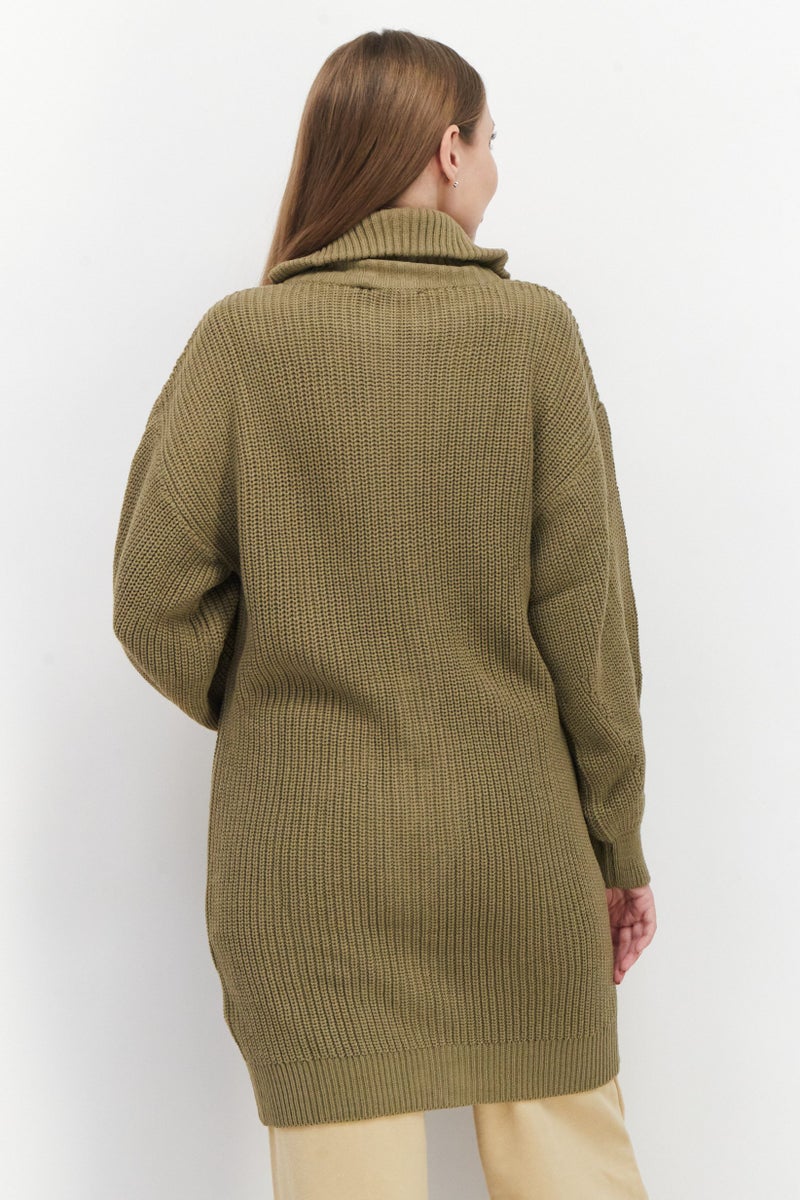 NA-KD سويت شيرت نسائي محبوك بأكمام طويلة بسحاب كامل، كاكي - Image 4