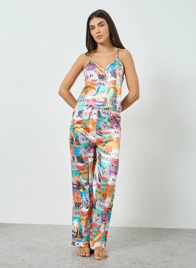 تايك تو طقم بيجاما من بنطال وبلوزة كامي بطبعة قطة