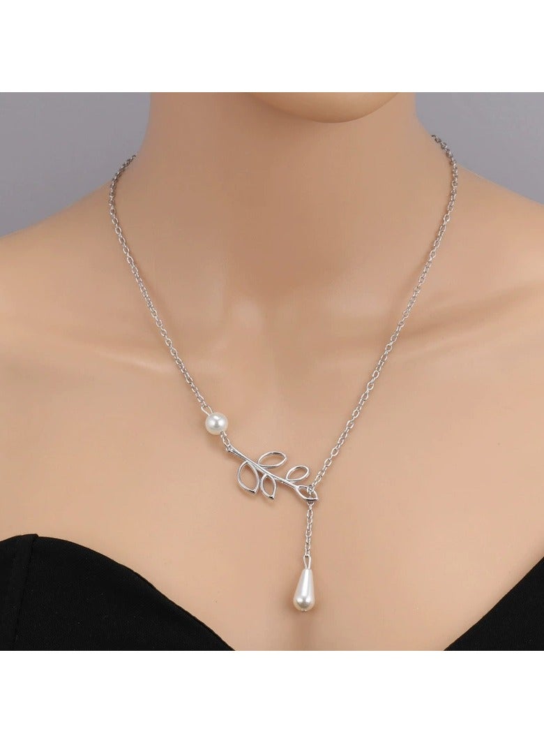Goolsky Fashion Leaf Pendant Pearl Necklace for Women – Water Drop Short Choker Collar Chain, Leaf & Pearl Pendant S925 Silver, Daily Wear/Gifting - Image 1