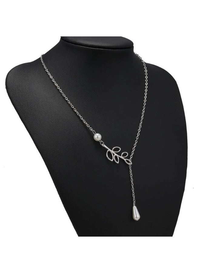 Goolsky Fashion Leaf Pendant Pearl Necklace for Women – Water Drop Short Choker Collar Chain, Leaf & Pearl Pendant S925 Silver, Daily Wear/Gifting - Image 3