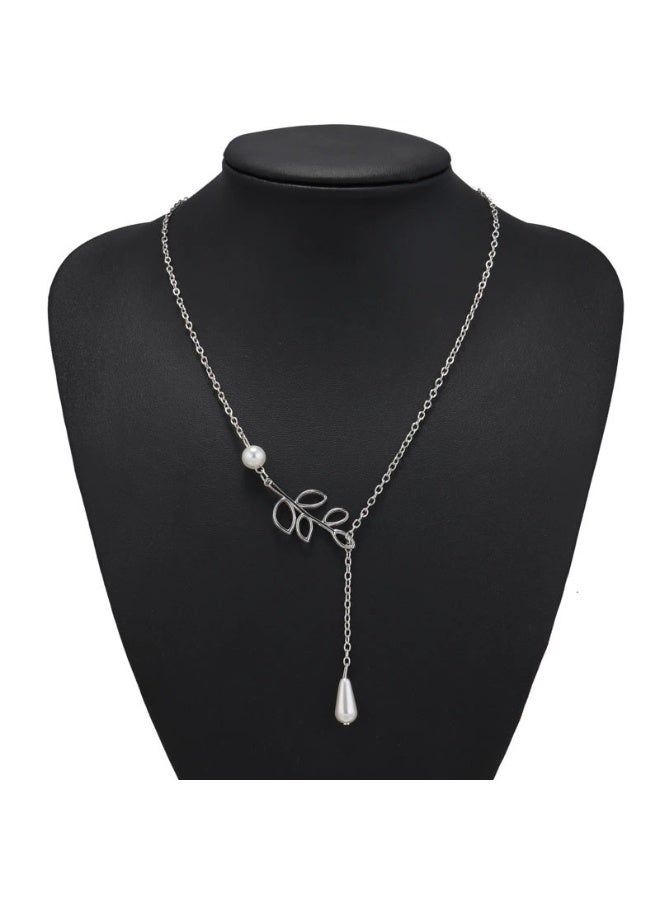 Goolsky Fashion Leaf Pendant Pearl Necklace for Women – Water Drop Short Choker Collar Chain, Leaf & Pearl Pendant S925 Silver, Daily Wear/Gifting - Image 2