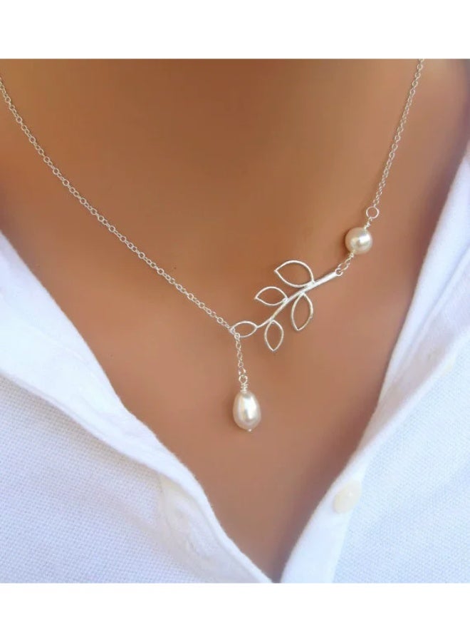 Goolsky Fashion Leaf Pendant Pearl Necklace for Women – Water Drop Short Choker Collar Chain, Leaf & Pearl Pendant S925 Silver, Daily Wear/Gifting - Image 4