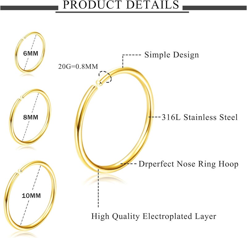 Drperfect 36Pcs 20G Nose Ring Hoop for Women Men 316L Stainless Steel Helix Tragus Lip Septum Ring Cartilage Earring Hoop Piercing Jewelry - Image 2
