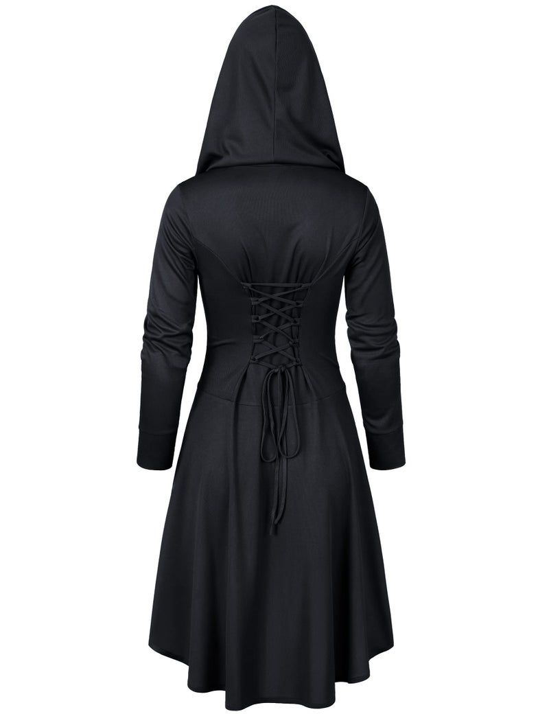 Irtysh Womens Base Vintage High Low Pullover Medieval Hooded Robe Cloak Dress Costumes Cosplay Net Leggings Set(Black S) - Image 4