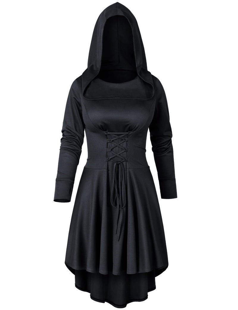 Irtysh Womens Base Vintage High Low Pullover Medieval Hooded Robe Cloak Dress Costumes Cosplay Net Leggings Set(Black S) - Image 2
