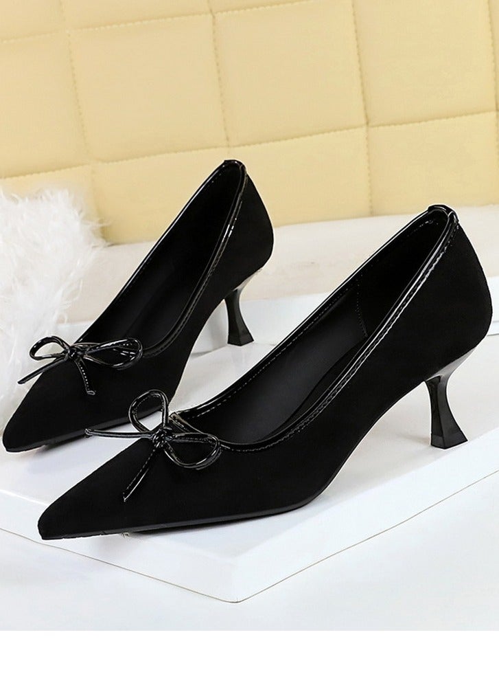 BIGTREE Women's Suede Stiletto Pumps Pointed Closed Toe Mid Heels With Bowknot Decoration Black 6CM - Image 1
