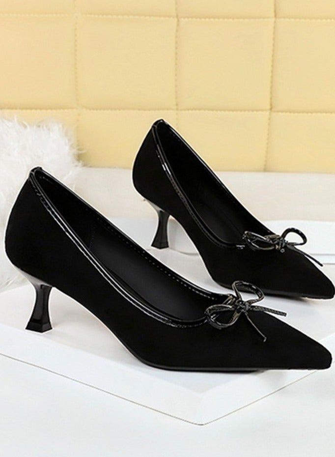 BIGTREE Women's Suede Stiletto Pumps Pointed Closed Toe Mid Heels With Bowknot Decoration Black 6CM - Image 2