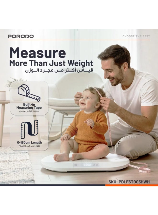 porodo Digital Baby Scale With 40KG Capacity, High-precision Sensor, Hold Function, Unit Conversion, Built-in Ruler, And 150cm Measuring Tape - Image 2