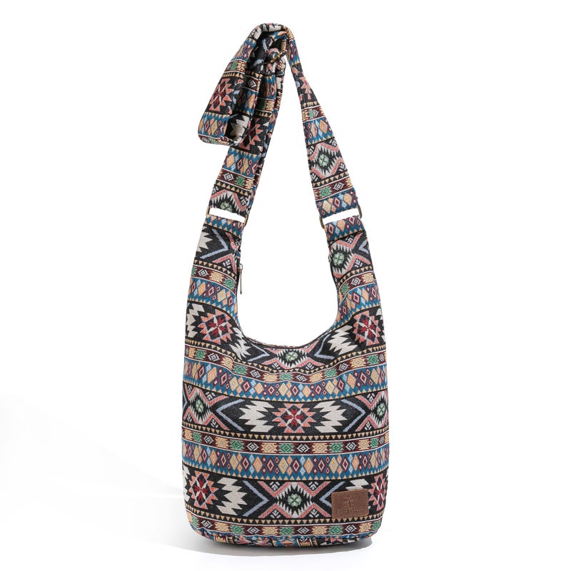 Coton Pose Women Hippie Crossbody Bag Top Zip Large capacity Canvas Sling Bag Jacquard cloth Handmade Bags (Boho Black) - Image 1