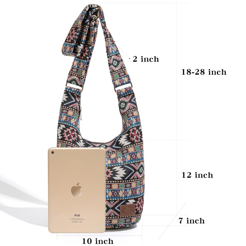 Coton Pose Women Hippie Crossbody Bag Top Zip Large capacity Canvas Sling Bag Jacquard cloth Handmade Bags (Boho Black) - Image 4
