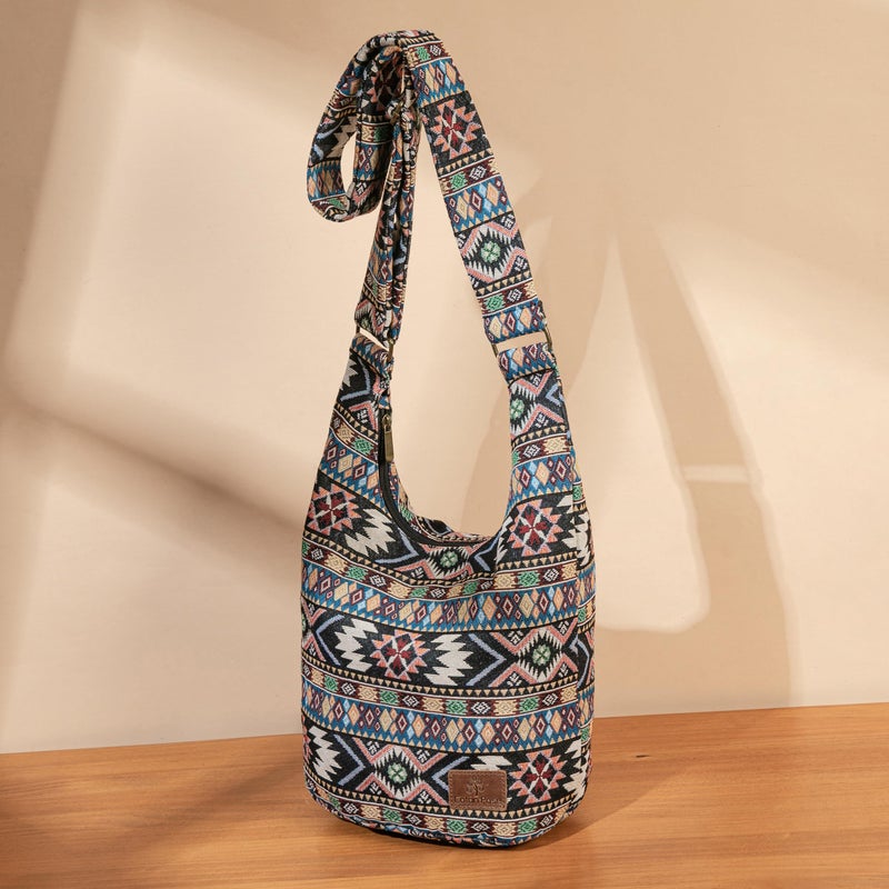 Coton Pose Women Hippie Crossbody Bag Top Zip Large capacity Canvas Sling Bag Jacquard cloth Handmade Bags (Boho Black) - Image 2