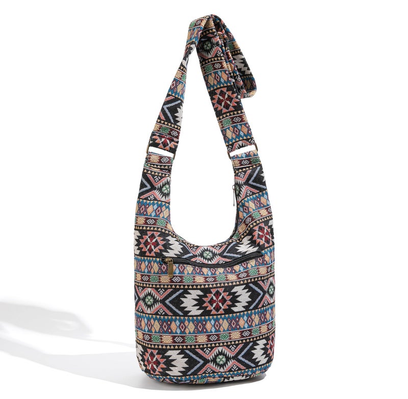Coton Pose Women Hippie Crossbody Bag Top Zip Large capacity Canvas Sling Bag Jacquard cloth Handmade Bags (Boho Black) - Image 3