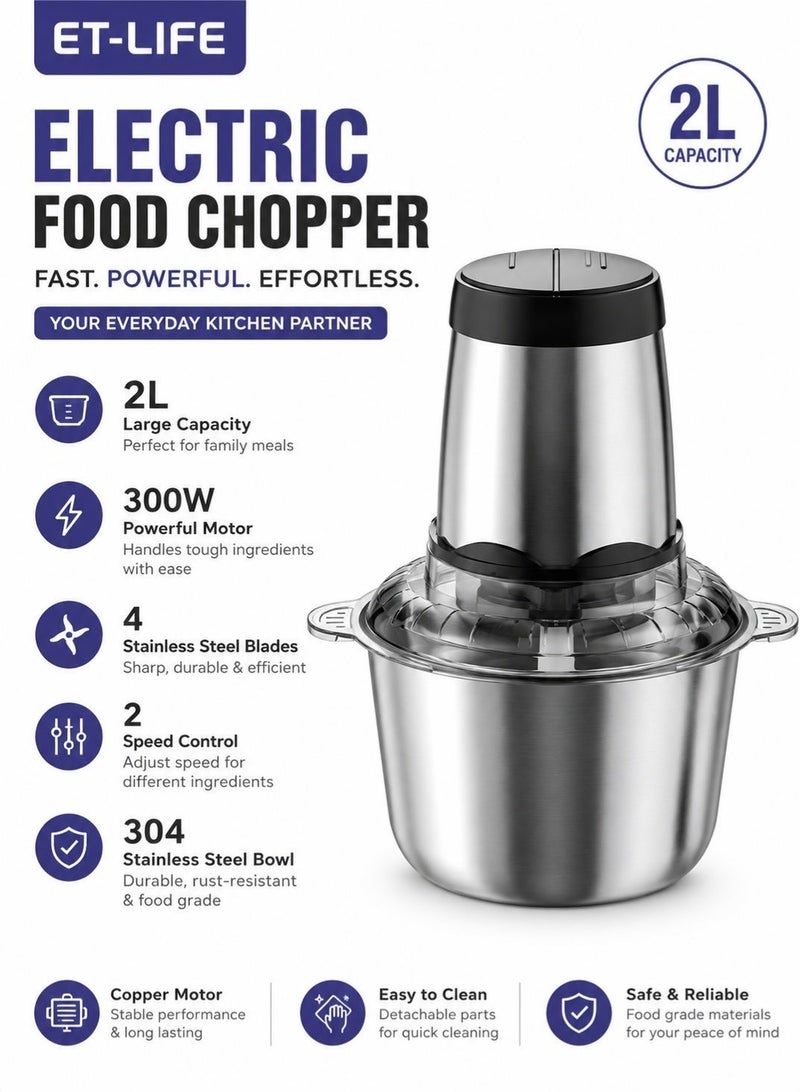 ET-LIFE Electric Food Chopper | 2L 304 Stainless Steel Bowl | 300W Meat Grinder and Food Processor | 2 Speed Control | 4 Stainless Steel Blades - Image 1