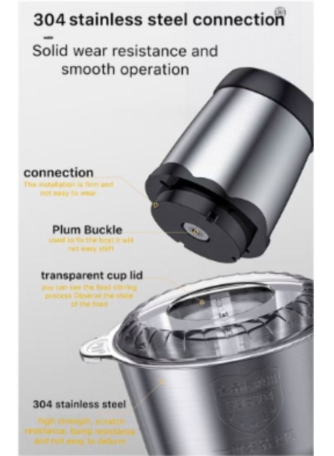 ET-LIFE Electric Food Chopper | 2L 304 Stainless Steel Bowl | 300W Meat Grinder and Food Processor | 2 Speed Control | 4 Stainless Steel Blades - Image 3