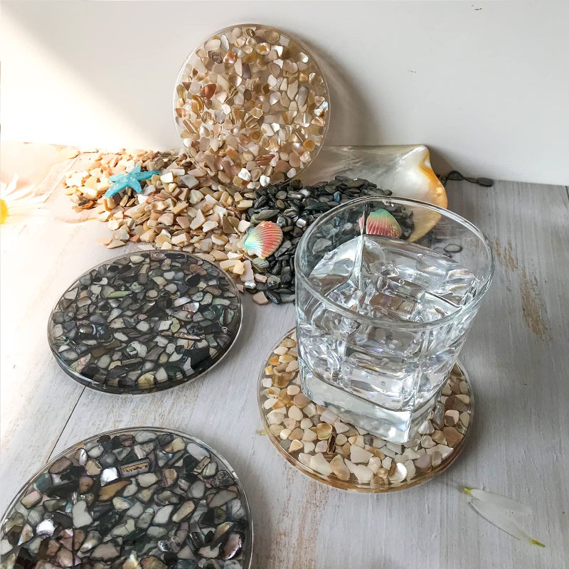 fanhuashijn الوقايات الراتنج للمشروبات السوداء السوداء: Clear Handmade Cup Heads الفريدة من نوعها شاطئ الوقايات التي يتم وضعها مع Mother Pearl for Table Outdoor Desk (مجموعة من 4)  - Image 5