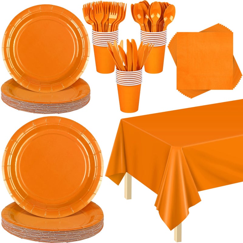 ADXCO 169-Piece Orange Party Pack: Plates  Cups  Napkins  Utensils  Tablecloth for 24 Guests - Orange Wedding or Birthday Party Decorations - Image 1