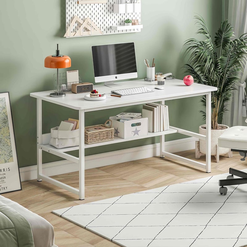 JOYSEUS Computer Desk with Shelf, Sturdy Steel Office Table & Gaming Desk, Rounded Corner Design, Scratch Resistant Waterproof Top (white) - Image 1