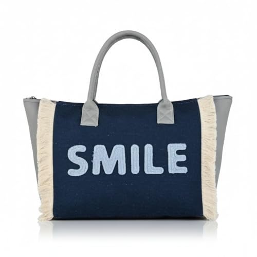 ENSAC Tote SMILE Women’s Canvas Tote Bag Navy Blue Handbag with Fringe Sides, Casual Shoulder Bag for Office, Shopping & College - Image 1