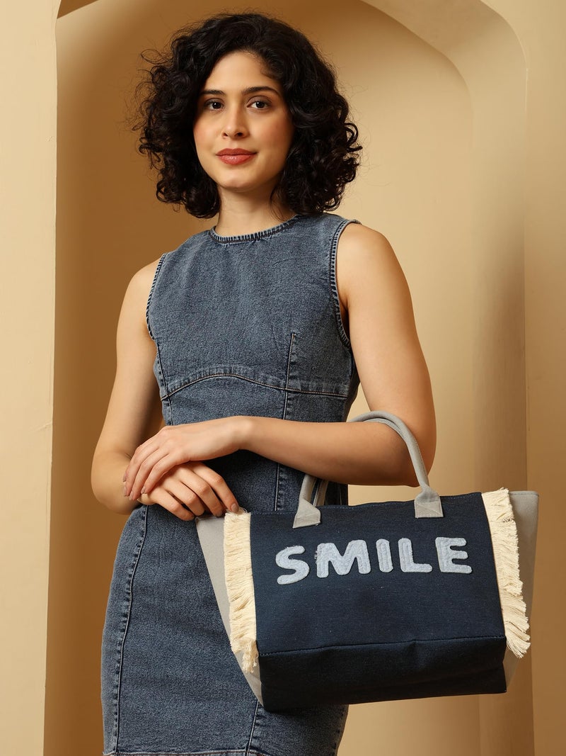 ENSAC Tote SMILE Women’s Canvas Tote Bag Navy Blue Handbag with Fringe Sides, Casual Shoulder Bag for Office, Shopping & College - Image 2