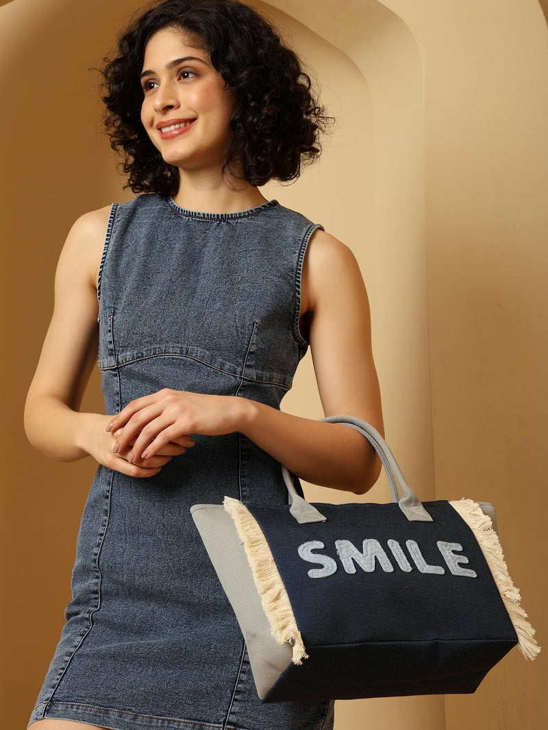 ENSAC Tote SMILE Women’s Canvas Tote Bag Navy Blue Handbag with Fringe Sides, Casual Shoulder Bag for Office, Shopping & College - Image 3