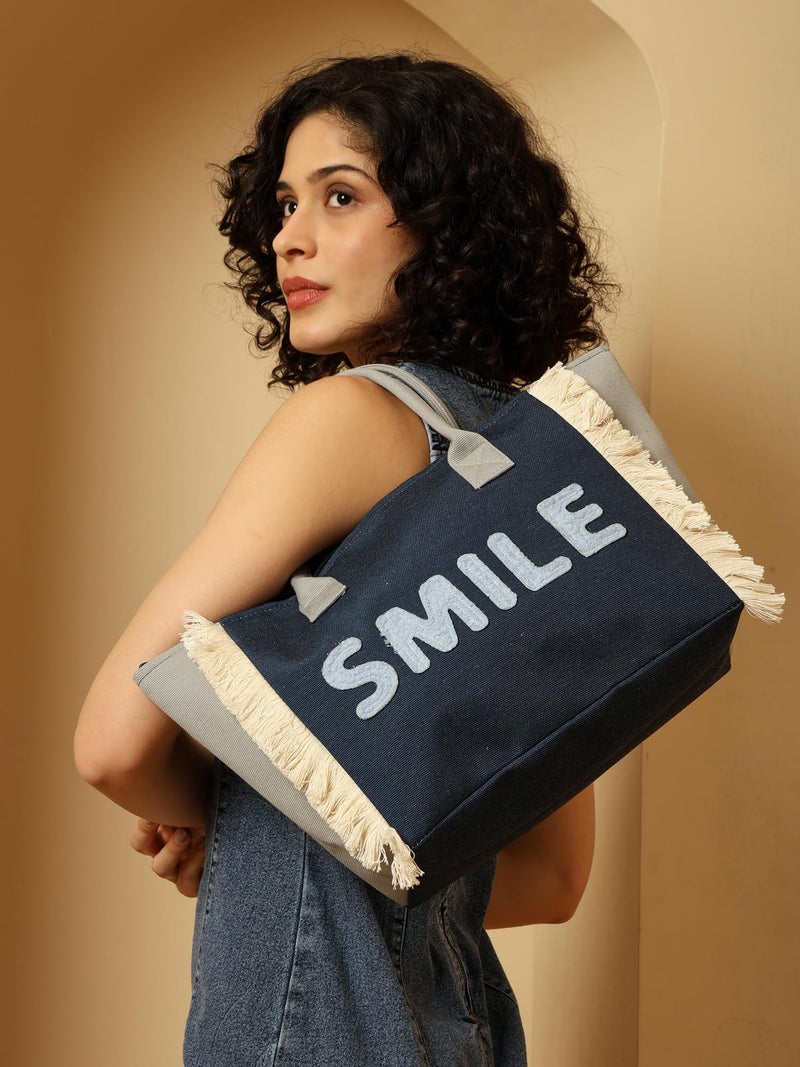 ENSAC Tote SMILE Women’s Canvas Tote Bag Navy Blue Handbag with Fringe Sides, Casual Shoulder Bag for Office, Shopping & College - Image 5