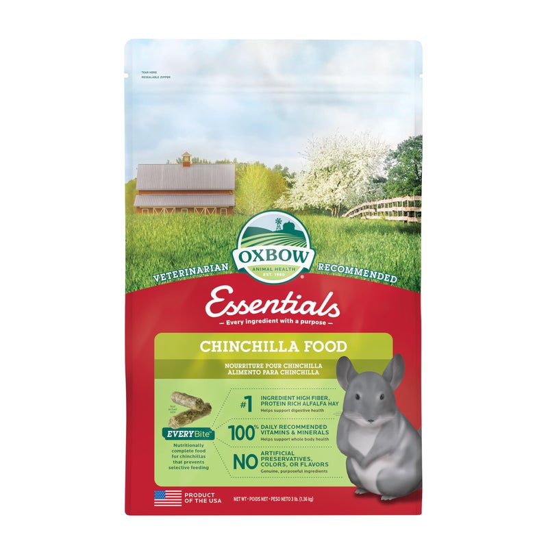 Oxbow Essentials Chinchilla Food, Made with Oxbow Alfalfa, Vitamin & Mineral Rich Food for Chinchillas, Small Animal Pet Pellets, Made in USA, High Fiber, 3 lb Bag - Image 1