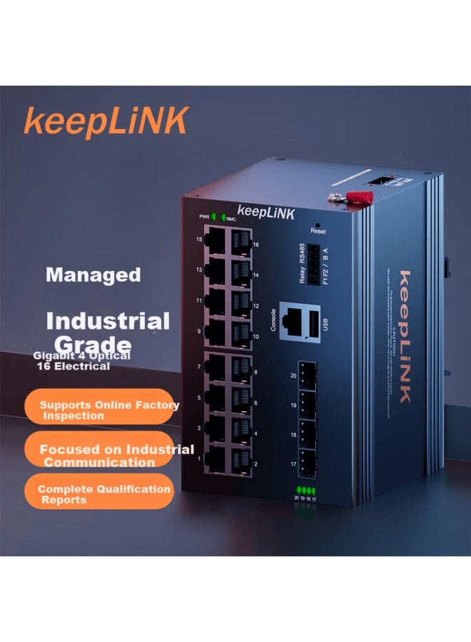 Keeplink Kp-9000 Industrial Ethernet Switch, 4 Gigabit Optical Ports + 16 Gigabit Electrical Ports + 1 485 Port + 1 Switch Port, Layer 3, Per Unit - Image 1