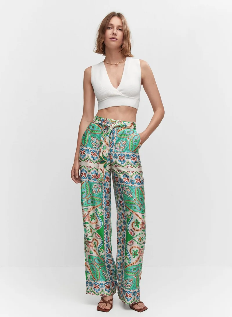 MANGO High Waist Printed Tie Detail Pants