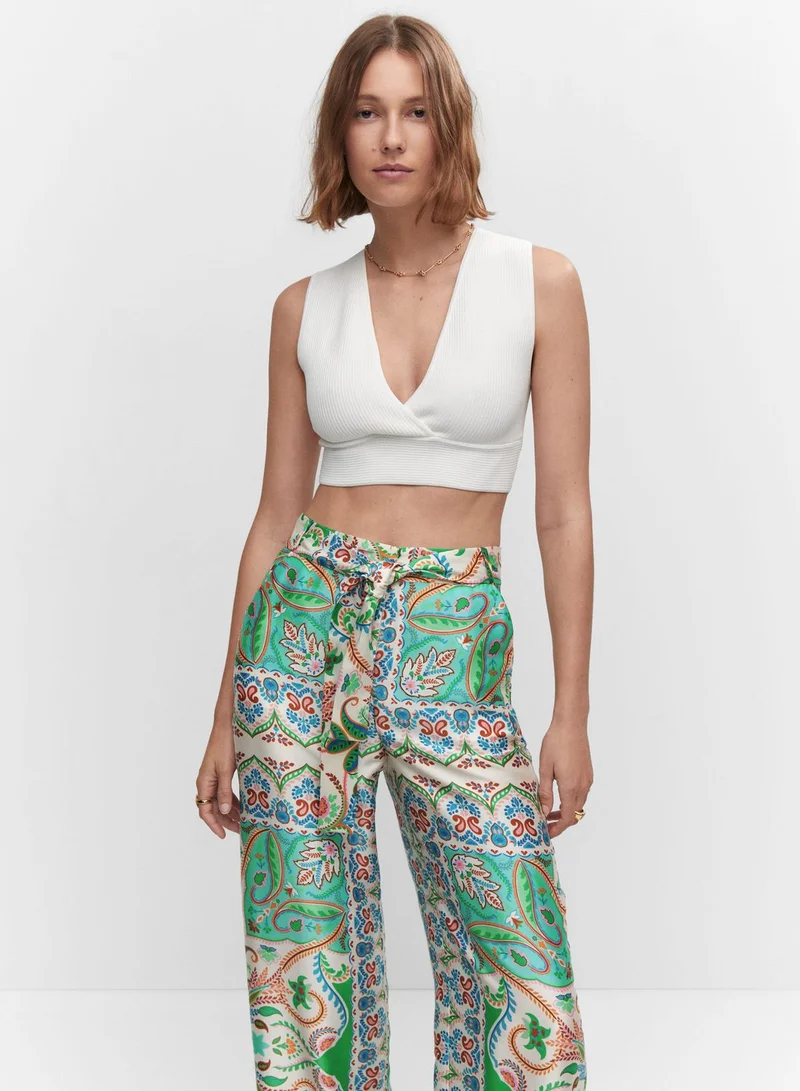 MANGO High Waist Printed Tie Detail Pants