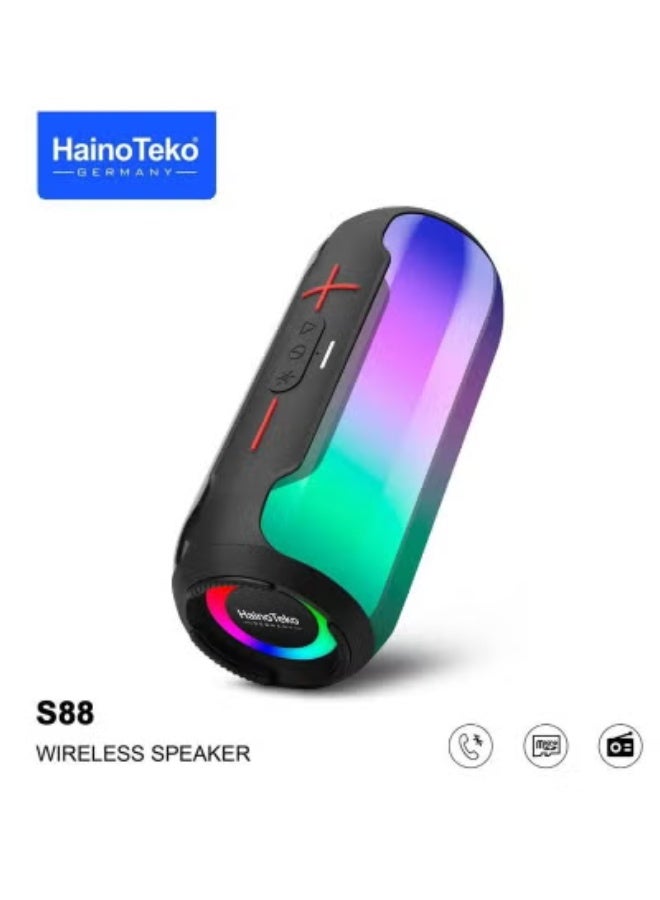 Haino Teko S88 Wireless Bluetooth Speaker with LED Light & Button Control | Portable Black Speaker with Deep Bass, Long Battery, Hands-Free Calling, AUX-In, Card Slot & FM Radio for Indoor & Outdoor Use - Image 1