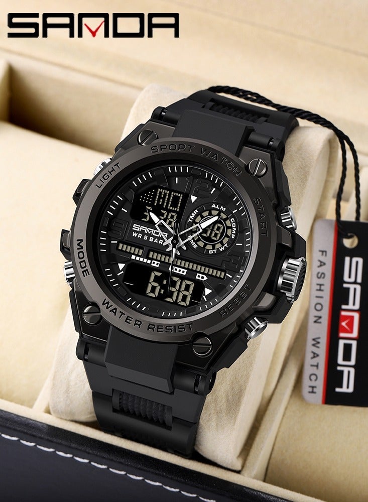 SANDA Men Sports Quartz Watches Dual Display LED Electronic Digital Wristwatches Waterproof Military Watch - Image 2