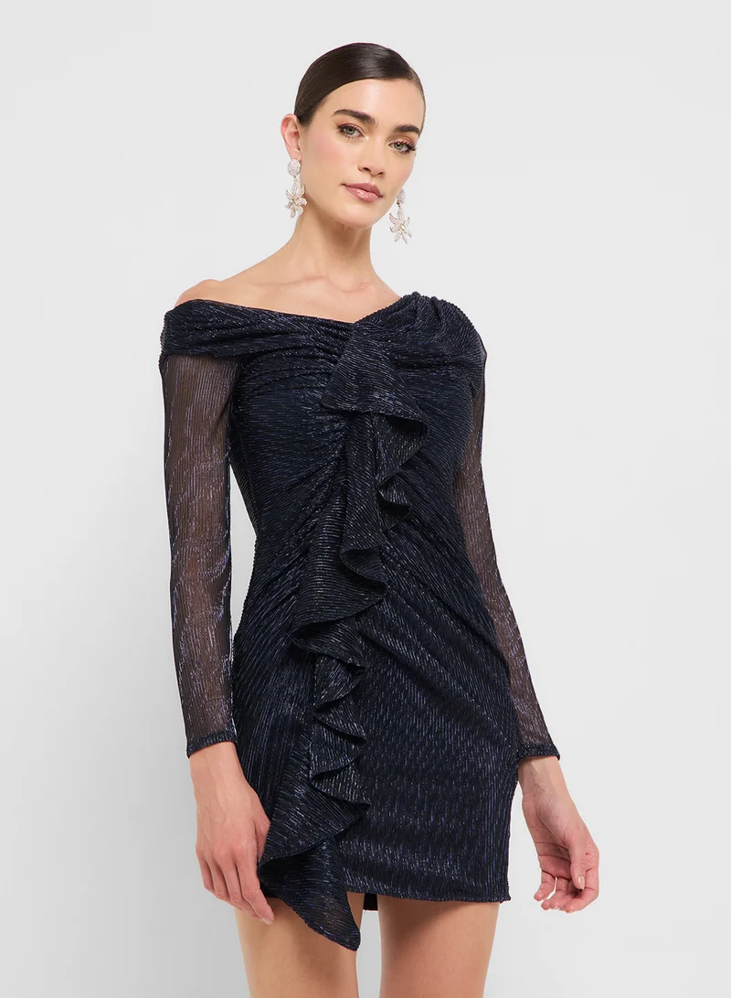 جينجر بوتيك eclat luxe assymetric shoulder draped ruffle detail dress