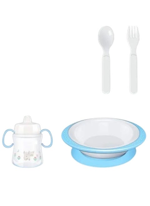 Baby feeding set 4 in 1, children’s tableware, plate, spoon, fork, and water or milk bottle, a complete set of four-piece baby feeding tools