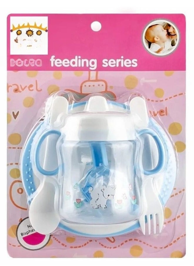 Generic Baby feeding set 4 in 1, children’s tableware, plate, spoon, fork, and water or milk bottle, a complete set of four-piece baby feeding tools  - Image 4