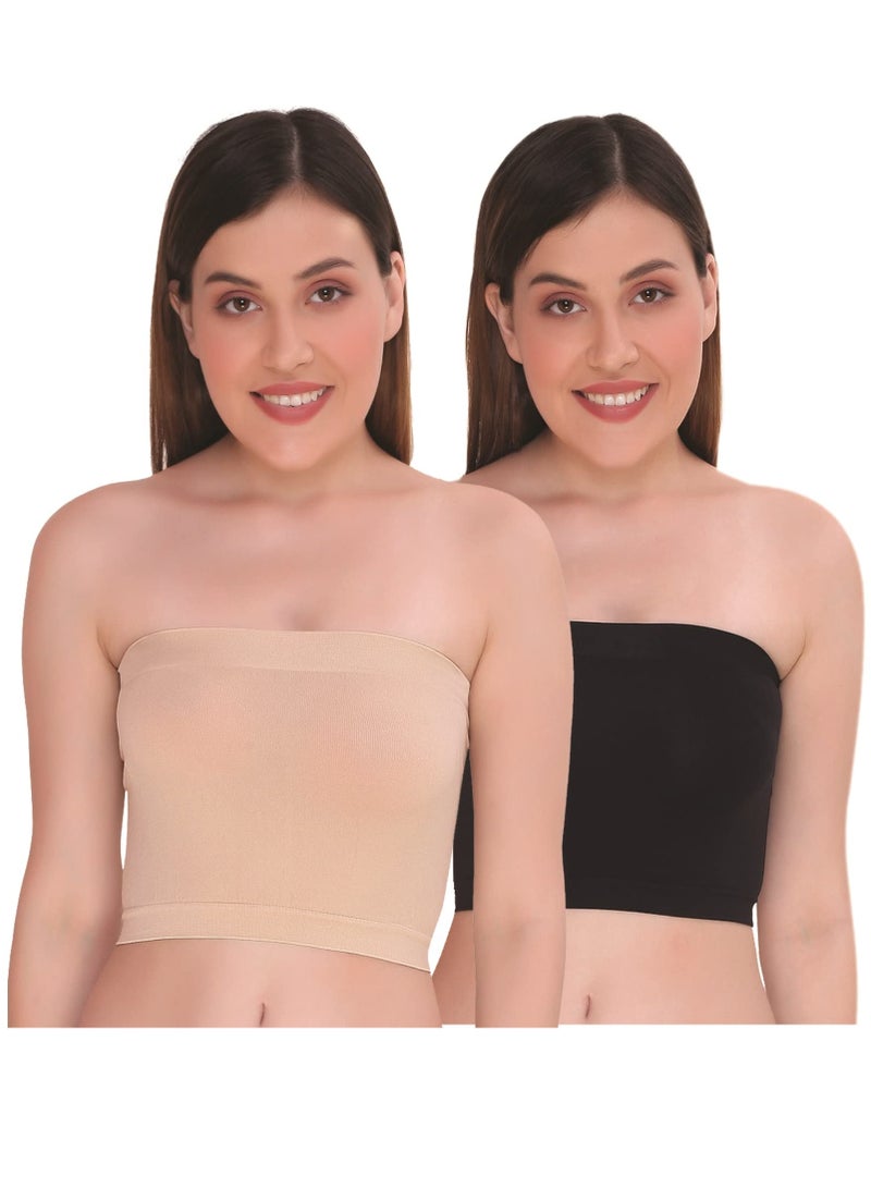Glamroot حمالة صدر نسائية بدون حمالات بدون بطانة (عبوة من قطعتين) أسود/بيج - Image 1