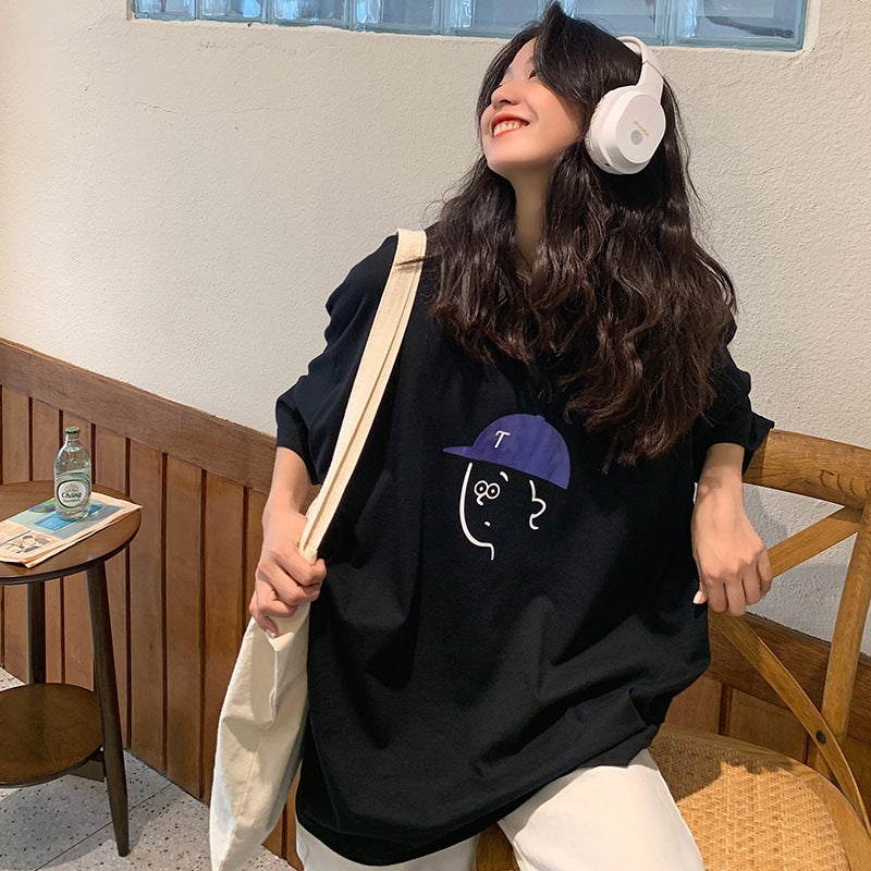 Large size short-sleeved oversize loose T-shirt womens 200kg fat mm belly-covered jacket for summer slim super fire Black
