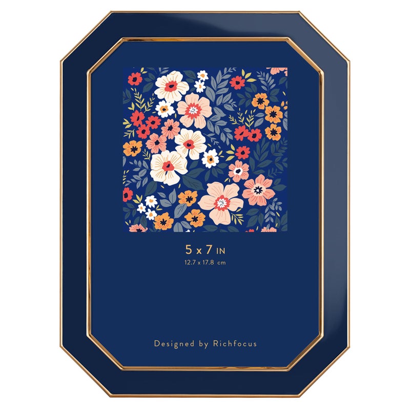 RICHFOCUS 5x7 Enamel Picture Frame with HD-Tempered Glass  Octagon Photo Frame with Gold Metal Edge and Velvet Back for Tabletop and Wall Mount Display  Navy Blue - Image 1