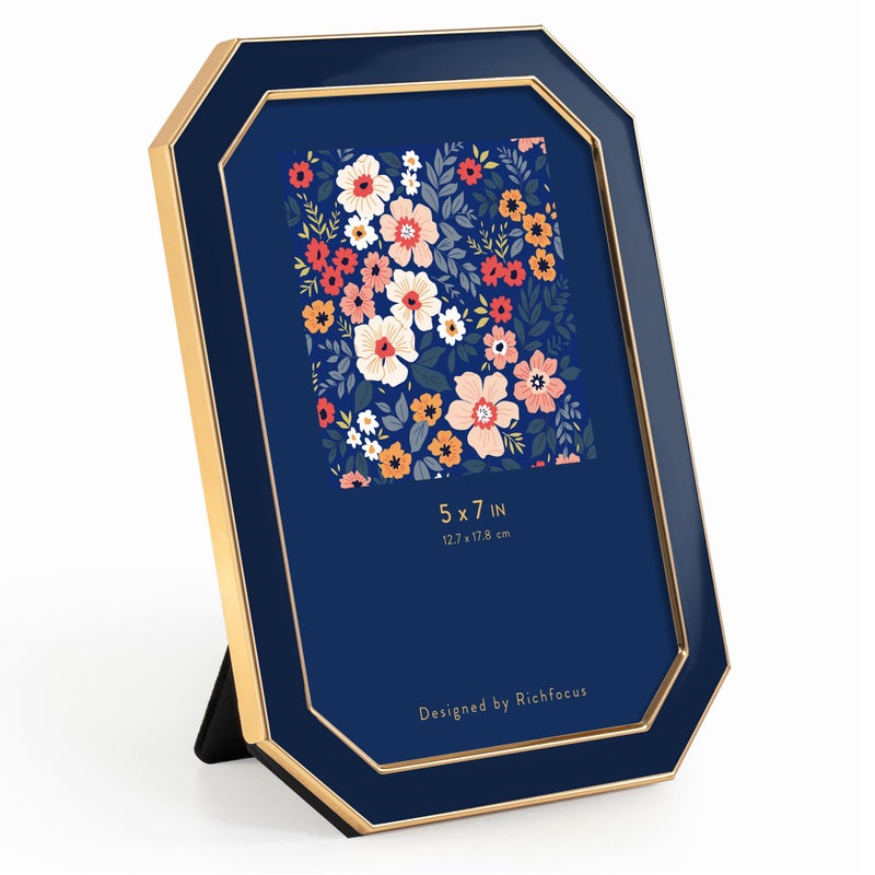 RICHFOCUS 5x7 Enamel Picture Frame with HD-Tempered Glass  Octagon Photo Frame with Gold Metal Edge and Velvet Back for Tabletop and Wall Mount Display  Navy Blue - Image 2