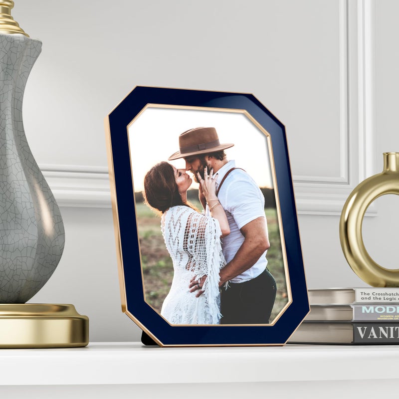RICHFOCUS 5x7 Enamel Picture Frame with HD-Tempered Glass  Octagon Photo Frame with Gold Metal Edge and Velvet Back for Tabletop and Wall Mount Display  Navy Blue - Image 3