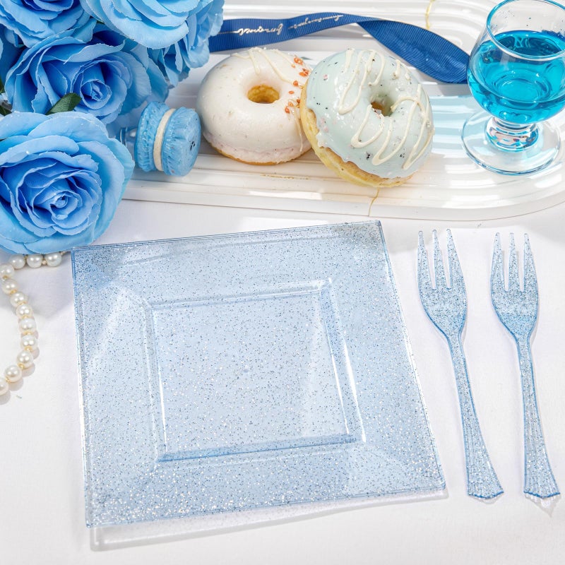 DaYammi 100Pcs Blue Glitter Dessert Plates Including 50Pcs Appetizer Plates 6" and 50Pcs Plastic Forks 5.7",Blue Plastic Square Plate for Party,plastic Salad Plate and Cake Forks for Wedding Birthday - Image 4