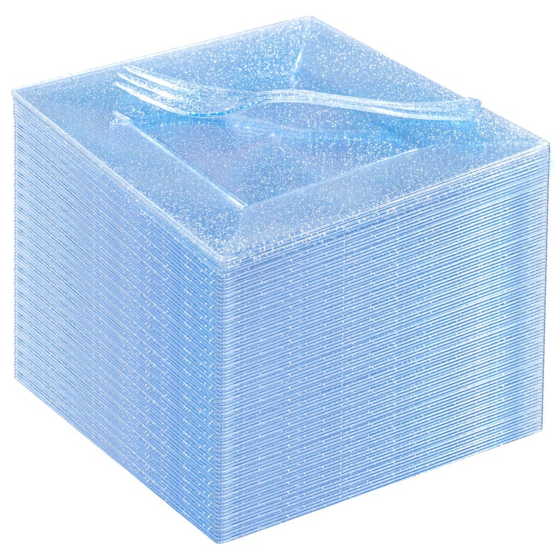 DaYammi 100Pcs Blue Glitter Dessert Plates Including 50Pcs Appetizer Plates 6" and 50Pcs Plastic Forks 5.7",Blue Plastic Square Plate for Party,plastic Salad Plate and Cake Forks for Wedding Birthday - Image 1