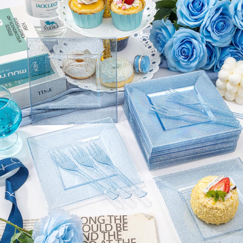 DaYammi 100Pcs Blue Glitter Dessert Plates Including 50Pcs Appetizer Plates 6" and 50Pcs Plastic Forks 5.7",Blue Plastic Square Plate for Party,plastic Salad Plate and Cake Forks for Wedding Birthday - Image 2