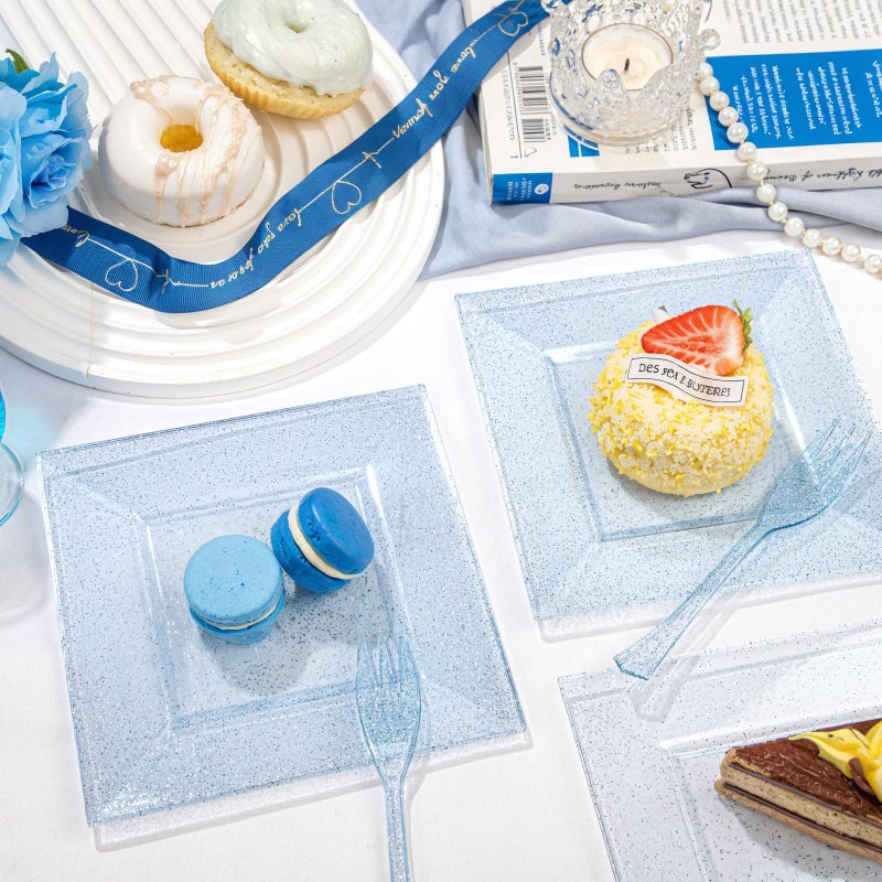 DaYammi 100Pcs Blue Glitter Dessert Plates Including 50Pcs Appetizer Plates 6" and 50Pcs Plastic Forks 5.7",Blue Plastic Square Plate for Party,plastic Salad Plate and Cake Forks for Wedding Birthday - Image 5