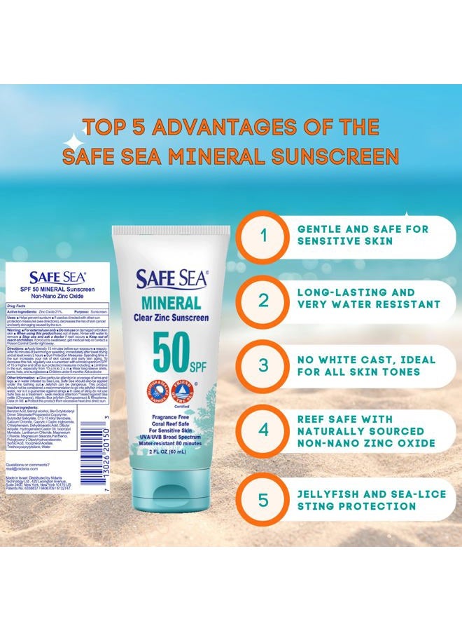 Safe Sea Zinc Oxide Sunscreen SPF50 | Clear Mineral Face Sunscreen Without White Cast | Anti-Jellyfish Sting Protective Lotion | Coral Reef Safe | Travel Size - 2Oz (60ml), Pack of 2 - Image 2